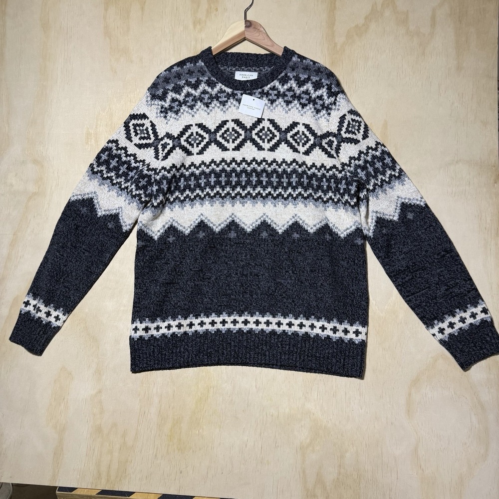 American Eagle Fair Isle Sweater Men's Large Gray Crew Neck Knit Nordic NWT